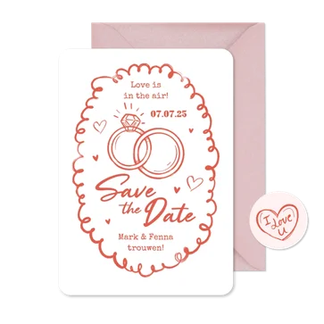 Trouwkaart save the date trouwen ringen doodle roze